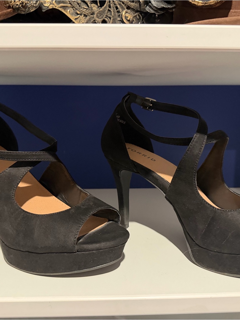 Torrid Black Suede Platform Peep-Toe Ankle-Strap Heels Never Worn